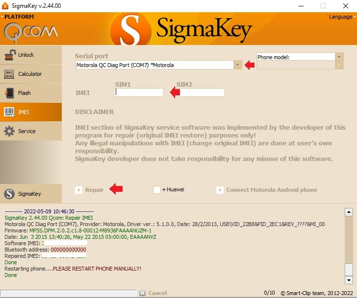 Cambio de Imei Moto G3 XT1542 con Sigma Key Box